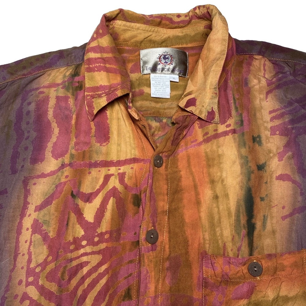 The Territory Ahead Camp Shirt XL S/S Rayon Abstract Batik Boho Resortwear